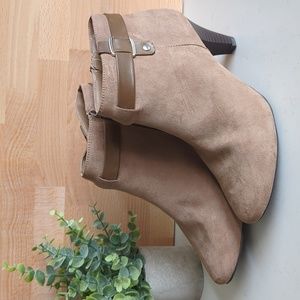 East 5th strappy faux suede side zipper faux buckle heeled booties